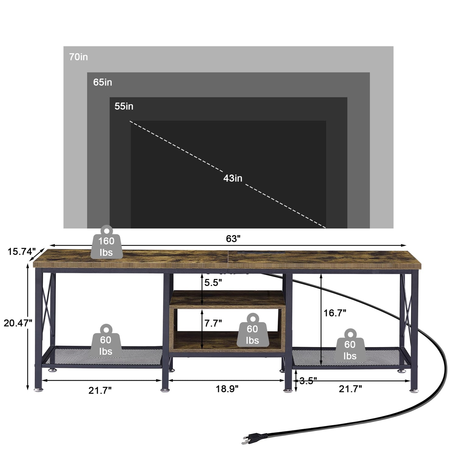 VECELO TV Stand with Power Outlets for 65 Inch Industria Media Entertainment Center with Charging Station, 3-Tier Open Shelves &amp; Metal Frame for Living Room, Bedroom, 55 Inch, Brown