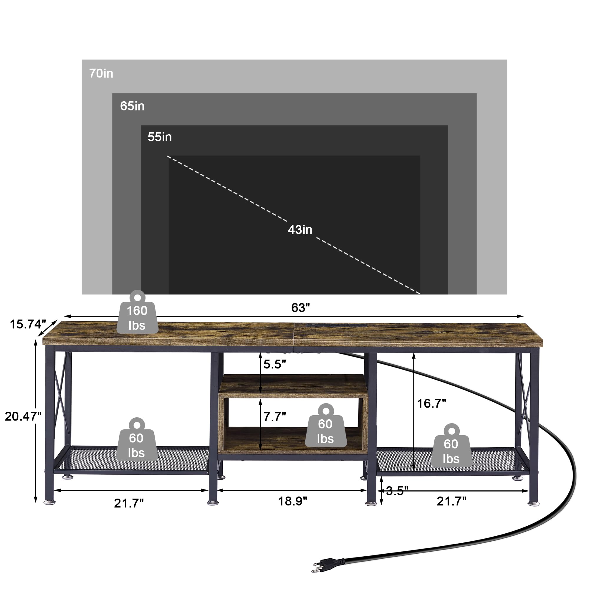 VECELO TV Stand with Power Outlets for 65 Inch Industria Media Entertainment Center with Charging Station, 3-Tier Open Shelves &amp; Metal Frame for Living Room, Bedroom, 55 Inch, Brown