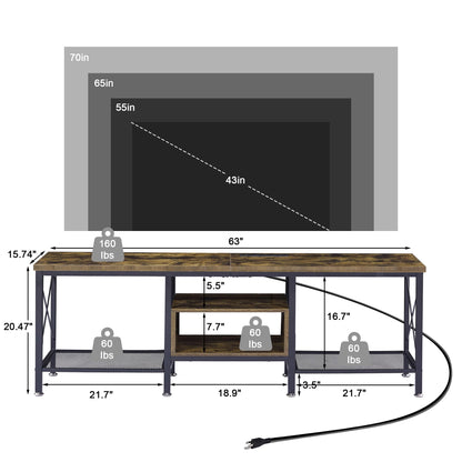 VECELO TV Stand with Power Outlets for 65 Inch Industria Media Entertainment Center with Charging Station, 3-Tier Open Shelves &amp; Metal Frame for Living Room, Bedroom, 55 Inch, Brown