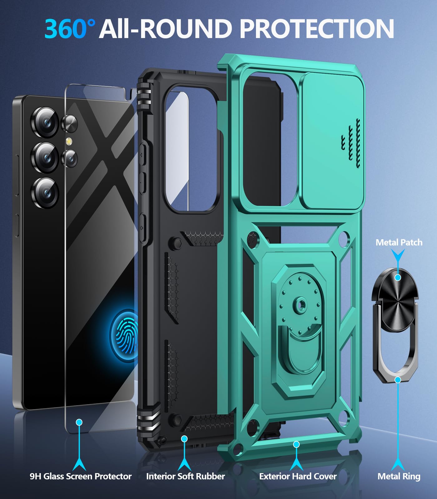Samsung Galaxy S26 Ultra case with screen protector Taisaide S in black showcasing 360° all-round protection features.