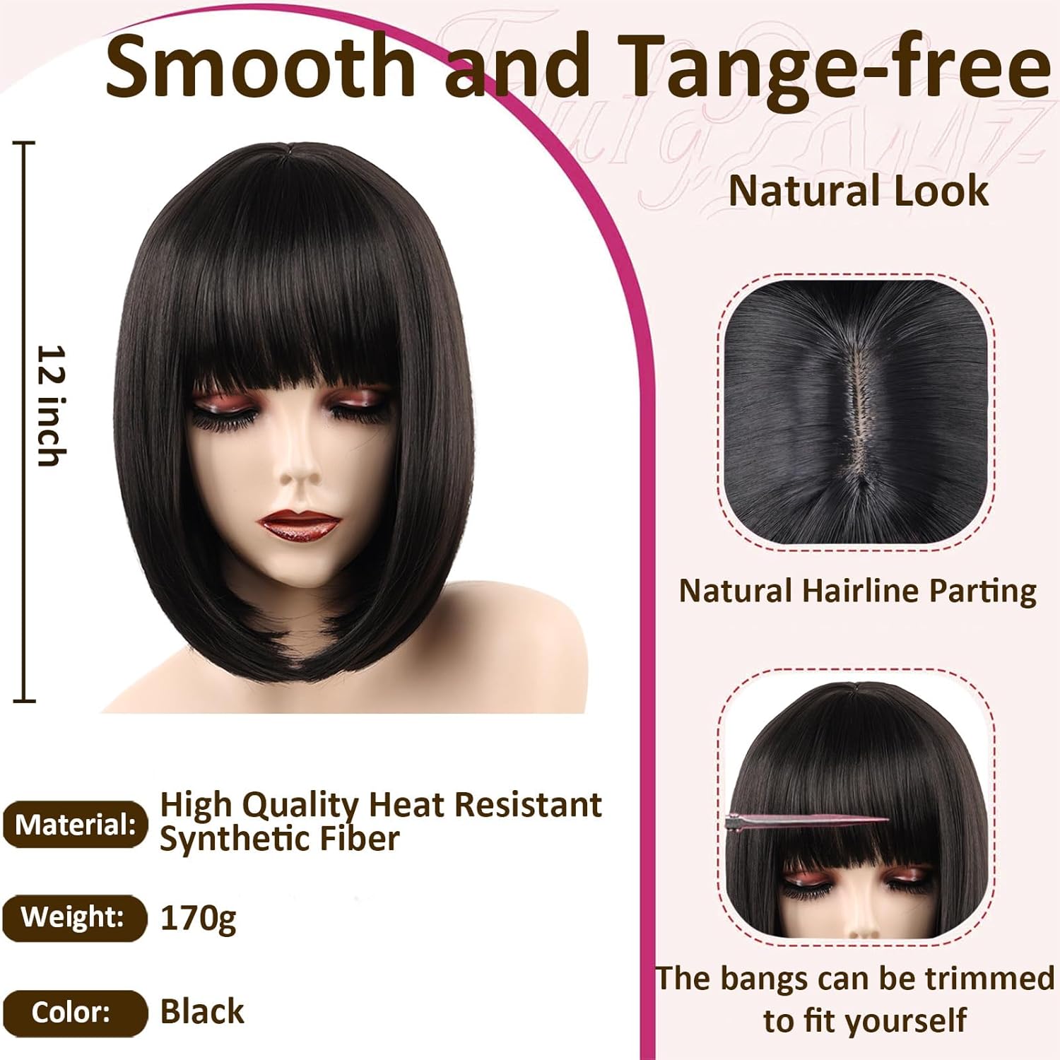 Black Bob Wig with Bangs, 12 Inch Straight Short Bob Wig, Natural Looking,Heat Resistant Synthetic,Adjustable Straps Wigs for Women Daily Wear and Party,with 2 Free Wig Caps