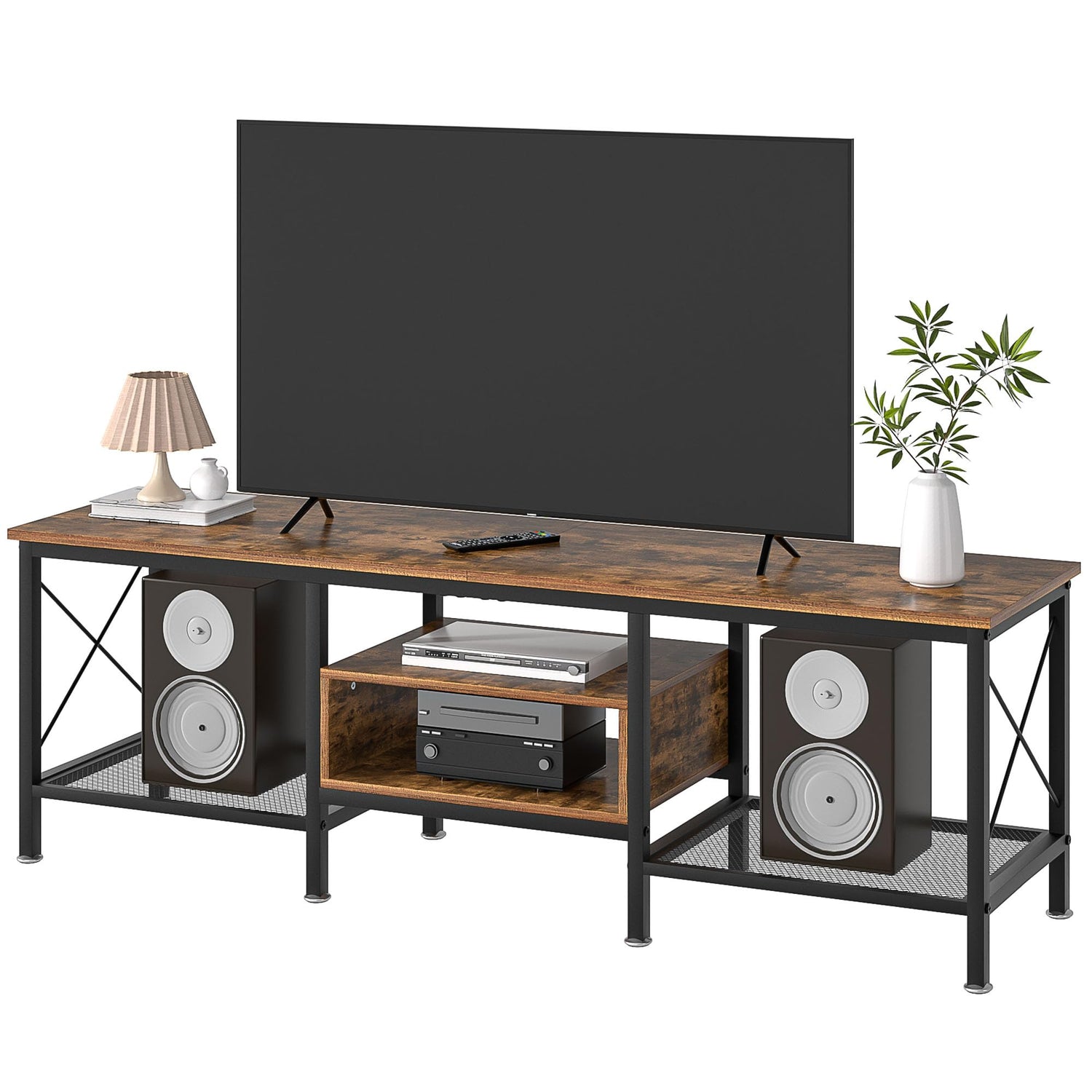 VECELO TV Stand with Power Outlets for 65 Inch Industria Media Entertainment Center with Charging Station, 3-Tier Open Shelves &amp; Metal Frame for Living Room, Bedroom, 55 Inch, Brown