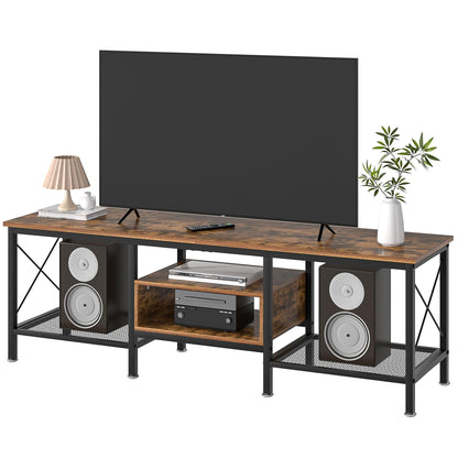 VECELO TV Stand with Power Outlets for 65 Inch Industria Media Entertainment Center with Charging Station, 3-Tier Open Shelves &amp; Metal Frame for Living Room, Bedroom, 55 Inch, Brown