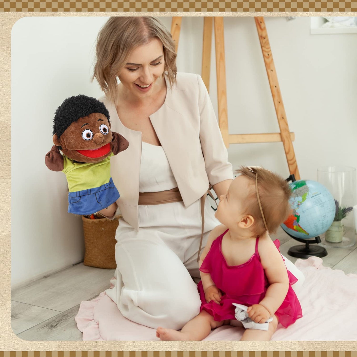 Lenwen 6 Pcs Family Hand Puppet Set Family Members Puppets with Movable Mouth Soft Plush for Boys and Girls Teens Kids Storytelling Play School Teaching Preschool (African American)