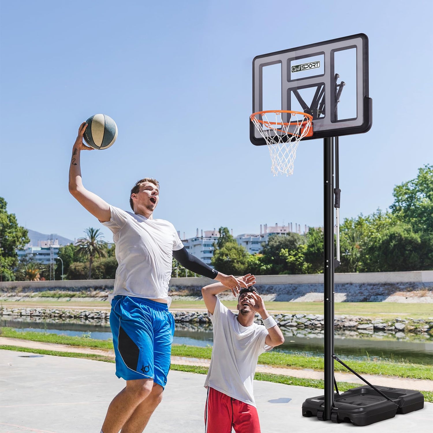 Basketball Hoop Outdoor Protable 44/48 Inch Impact Backboard, 4.8-10FT Height Adjustable Basketball Hoop Goal System with Wheels for Adults