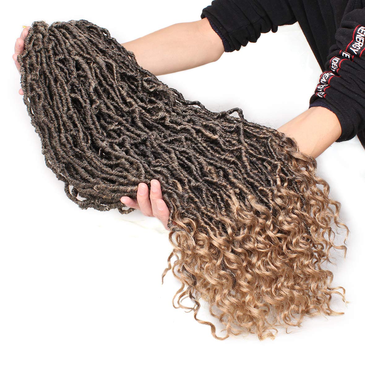 Leeven 7 Packs Faux Locs With Curly Ends 18 Inch Pre-looped Goddess Locs Crochet Hair 84 Strands Natural Black Crochet Bohemian Soft Locs Braiding Hair Extensions With Curls for Women 1B
