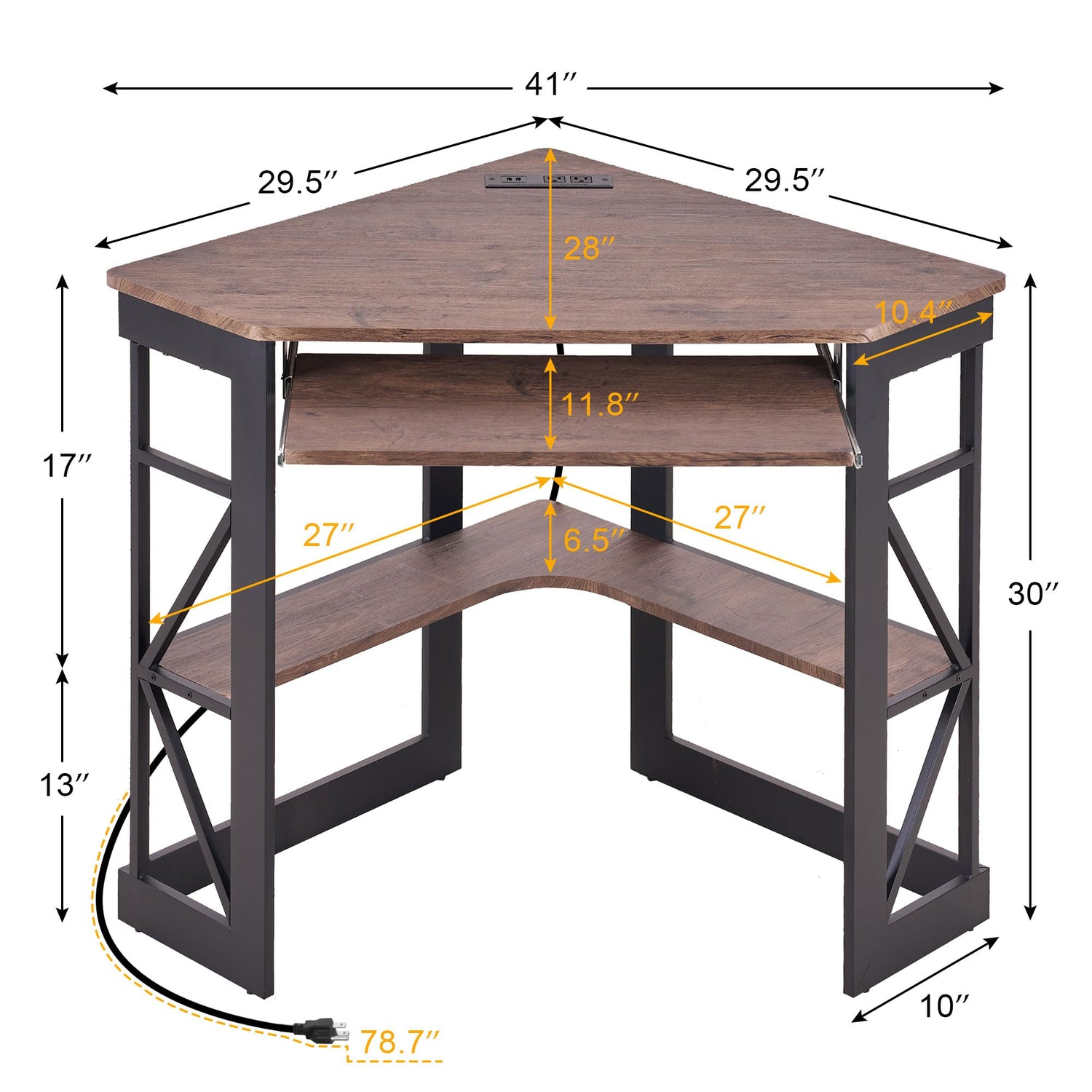 VECELO Corner Computer Desk 41x30 inches with Charging Station &amp; Keyboard &amp; Storage Shelves for Small Space,Triangle Table for Home Office Bedroom,Black