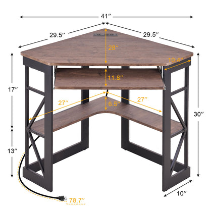 VECELO Corner Computer Desk 41x30 inches with Charging Station &amp; Keyboard &amp; Storage Shelves for Small Space,Triangle Table for Home Office Bedroom,Black