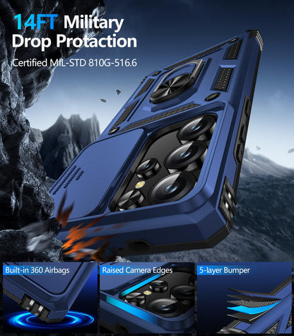 Samsung Galaxy S26 Ultra case with screen protector featuring 14FT military drop protection and built-in 360 airbags.