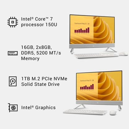 Dell 27 All-in-One Desktop ec27250-27-inch FHD (1920 x 1080) Display, Intel Core 5 Processor 120U, Intel Graphics, 16GB DDR5 RAM, 512GB SSD, Windows 11 Home, Onsite Service - White