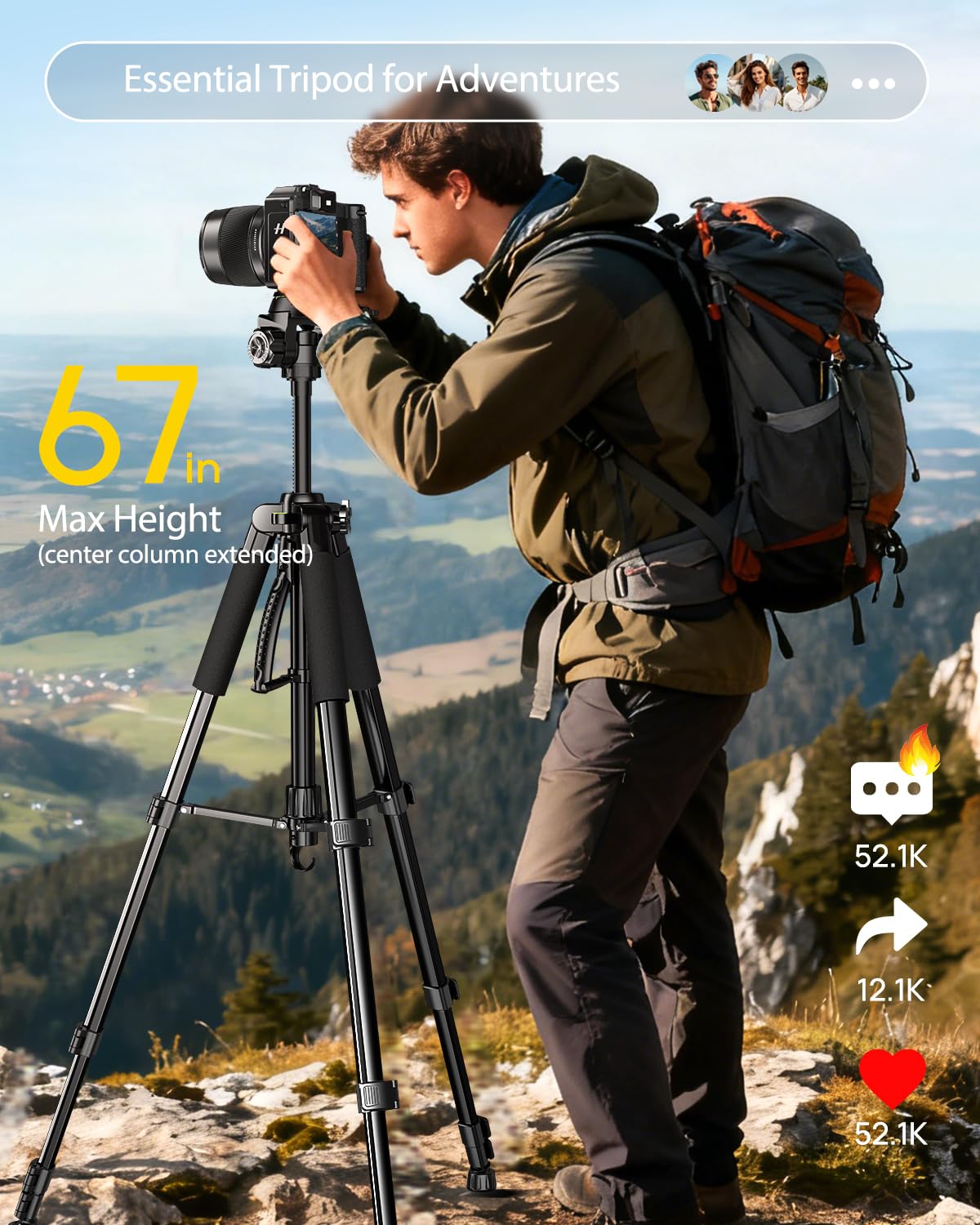 UBeesize 74" Camera Tripod with Phone Holder and Remote, Heavy Duty Tripod Stand with Portable Bag for Phone and Camera, Compatible with DSLR Cameras, Cell Phones, Spotting Scopes and Binoculars