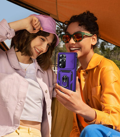 Two friends enjoying a day outdoors, one holding a Samsung Galaxy S26 Ultra case with screen protector.