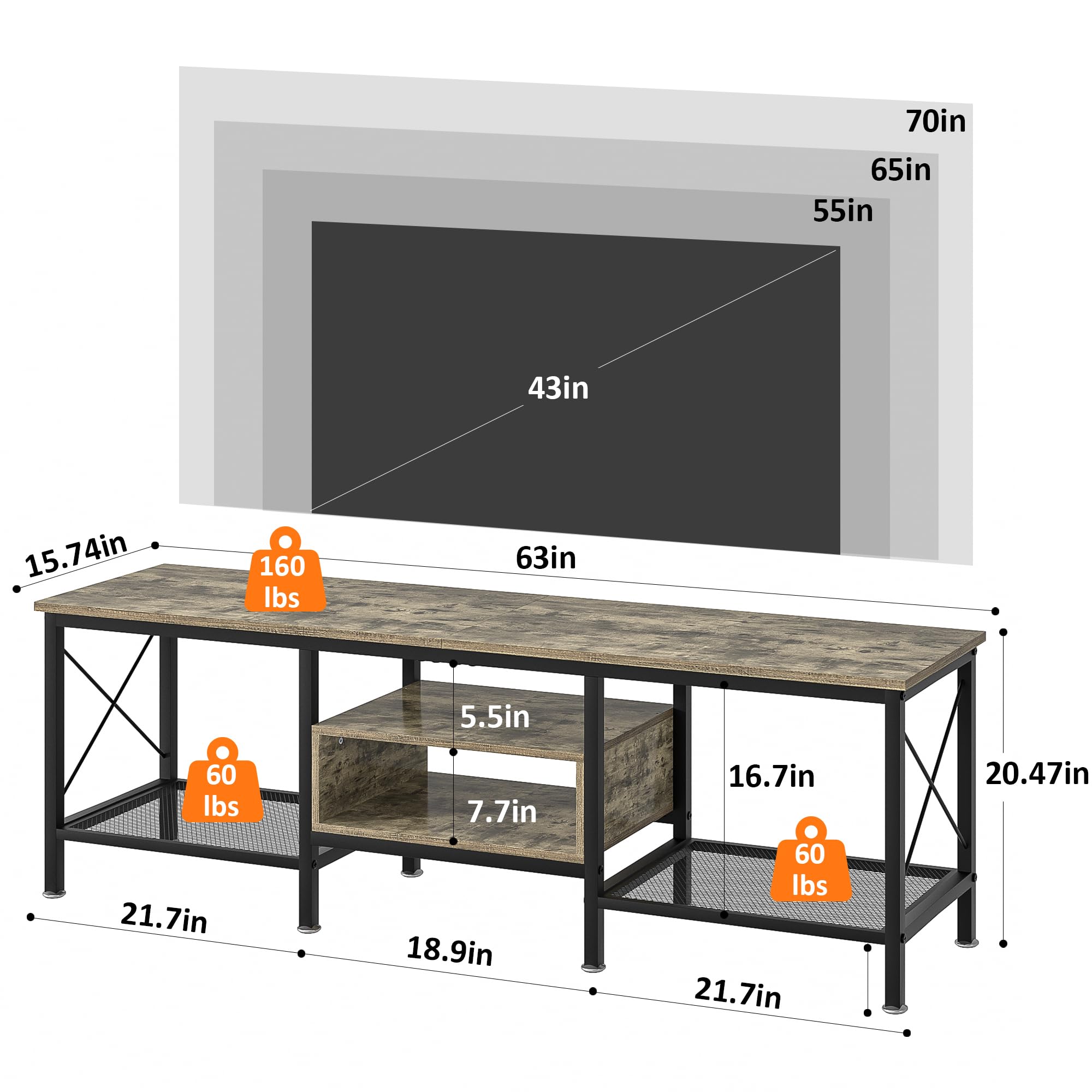 VECELO TV Stand with Power Outlets for 65 Inch Industria Media Entertainment Center with Charging Station, 3-Tier Open Shelves &amp; Metal Frame for Living Room, Bedroom, 55 Inch, Brown