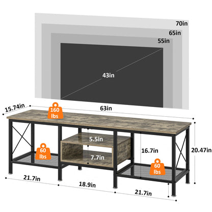 VECELO TV Stand with Power Outlets for 65 Inch Industria Media Entertainment Center with Charging Station, 3-Tier Open Shelves &amp; Metal Frame for Living Room, Bedroom, 55 Inch, Brown