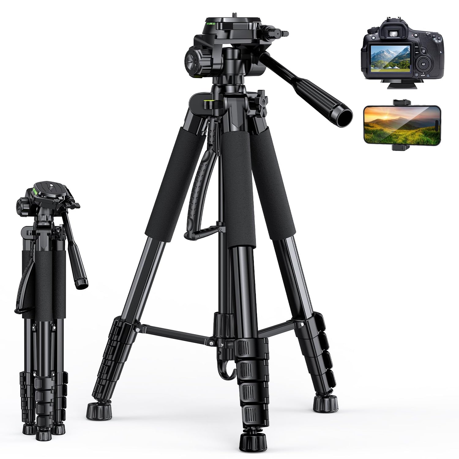 UBeesize 74" Camera Tripod with Phone Holder and Remote, Heavy Duty Tripod Stand with Portable Bag for Phone and Camera, Compatible with DSLR Cameras, Cell Phones, Spotting Scopes and Binoculars