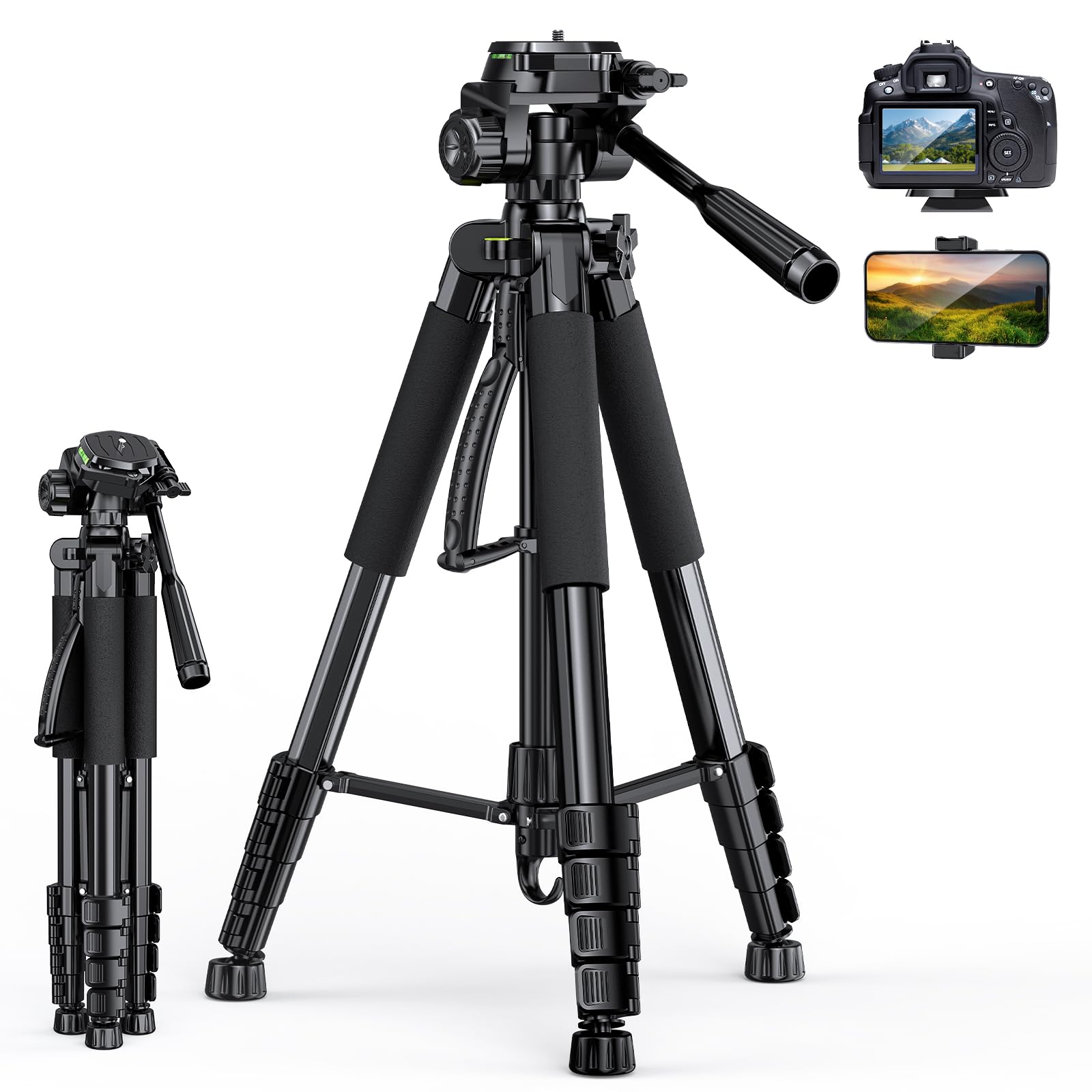 UBeesize 74" Camera Tripod with Phone Holder and Remote, Heavy Duty Tripod Stand with Portable Bag for Phone and Camera, Compatible with DSLR Cameras, Cell Phones, Spotting Scopes and Binoculars