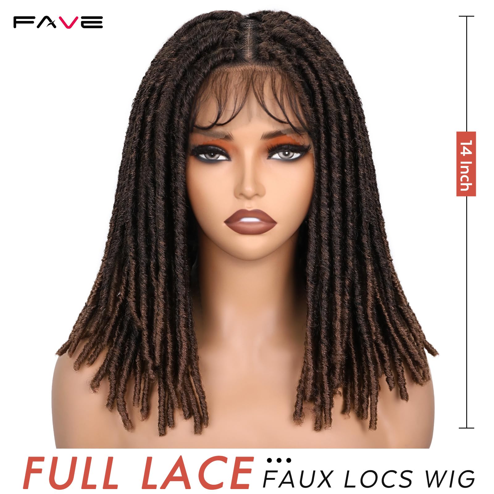 FAVE Soft Faux Locs Wig Synthetic Full Double Lace Dreadlock Wig Ombre Brown Braided Wigs for Black Women Dreads Wig for Women Natural Looking Part Free（Natural Color,280g）