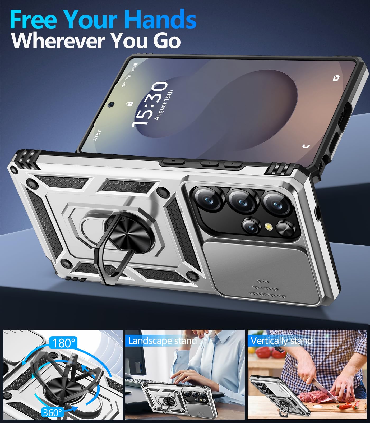 Samsung Galaxy S26 Ultra case with screen protector featuring ergonomic design and adjustable stand for hands-free use.