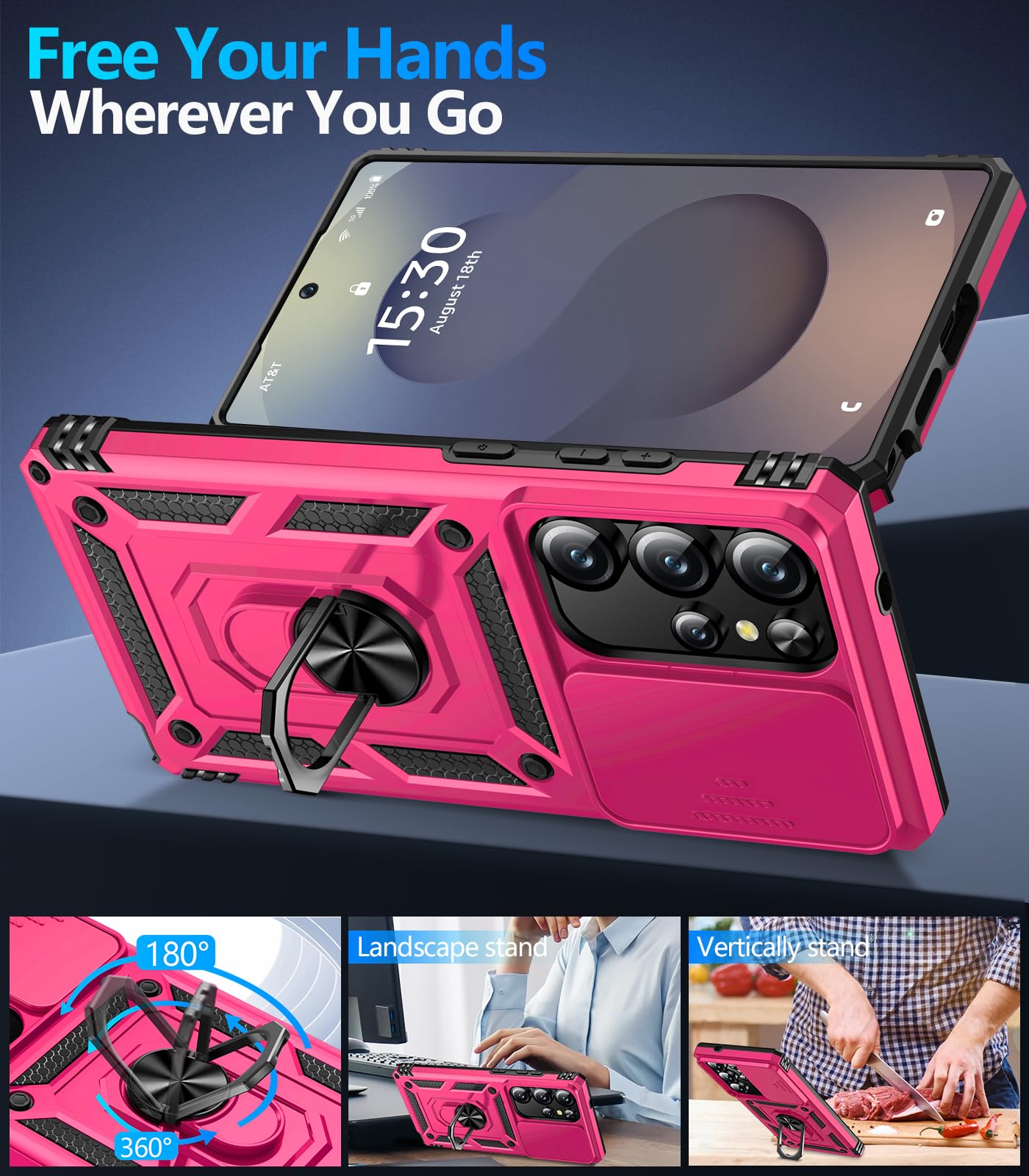Samsung Galaxy S26 Ultra case with screen protector displayed in pink, showcasing its adjustable stand and protective features.