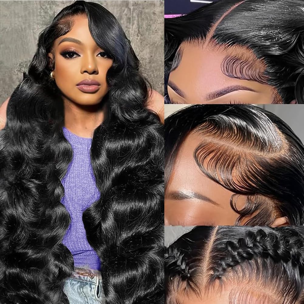 30 Inch Body Wave Lace Front Wigs Human Hair 200 Density 13x6 HD Lace Frontal Wigs Pre Plucked Glueless Brazilian Virgin Human Wig with Baby Hair Body Wave wigs for Women Natural Black