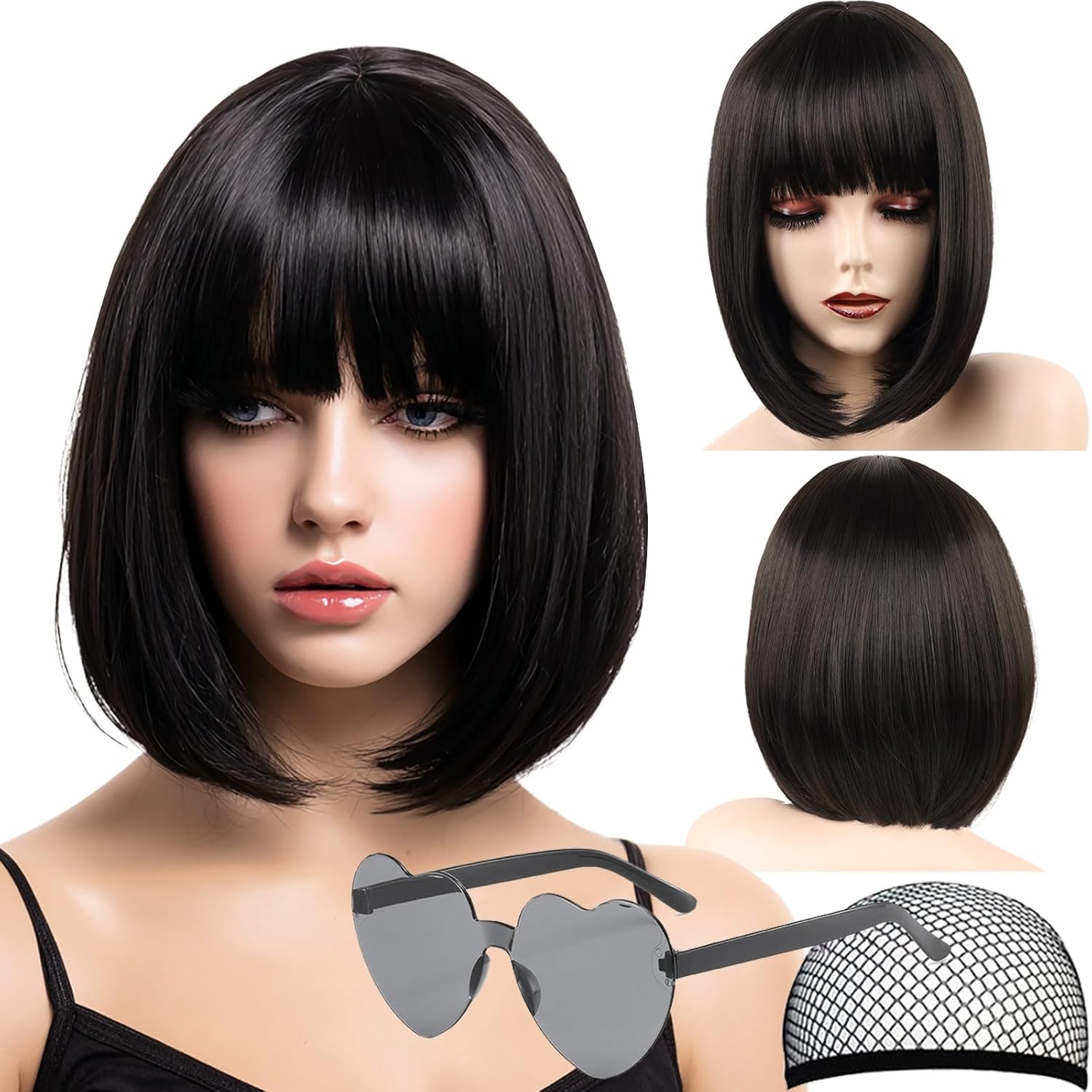 Black Bob Wig with Bangs, 12 Inch Straight Short Bob Wig, Natural Looking,Heat Resistant Synthetic,Adjustable Straps Wigs for Women Daily Wear and Party,with 2 Free Wig Caps
