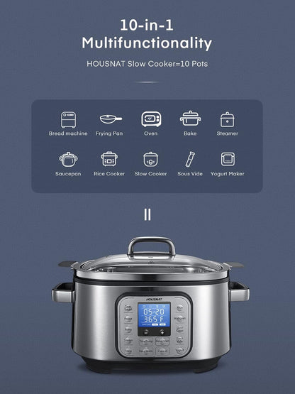 HOUSNAT Slow Cooker, 10 in 1 Programmable Cooker, 304 Stainless Steel Rice Cookers 6QT, Yogurt Maker, Delay Start, Adjustable Temp&amp; Digital Time for Large Families or Entertaining