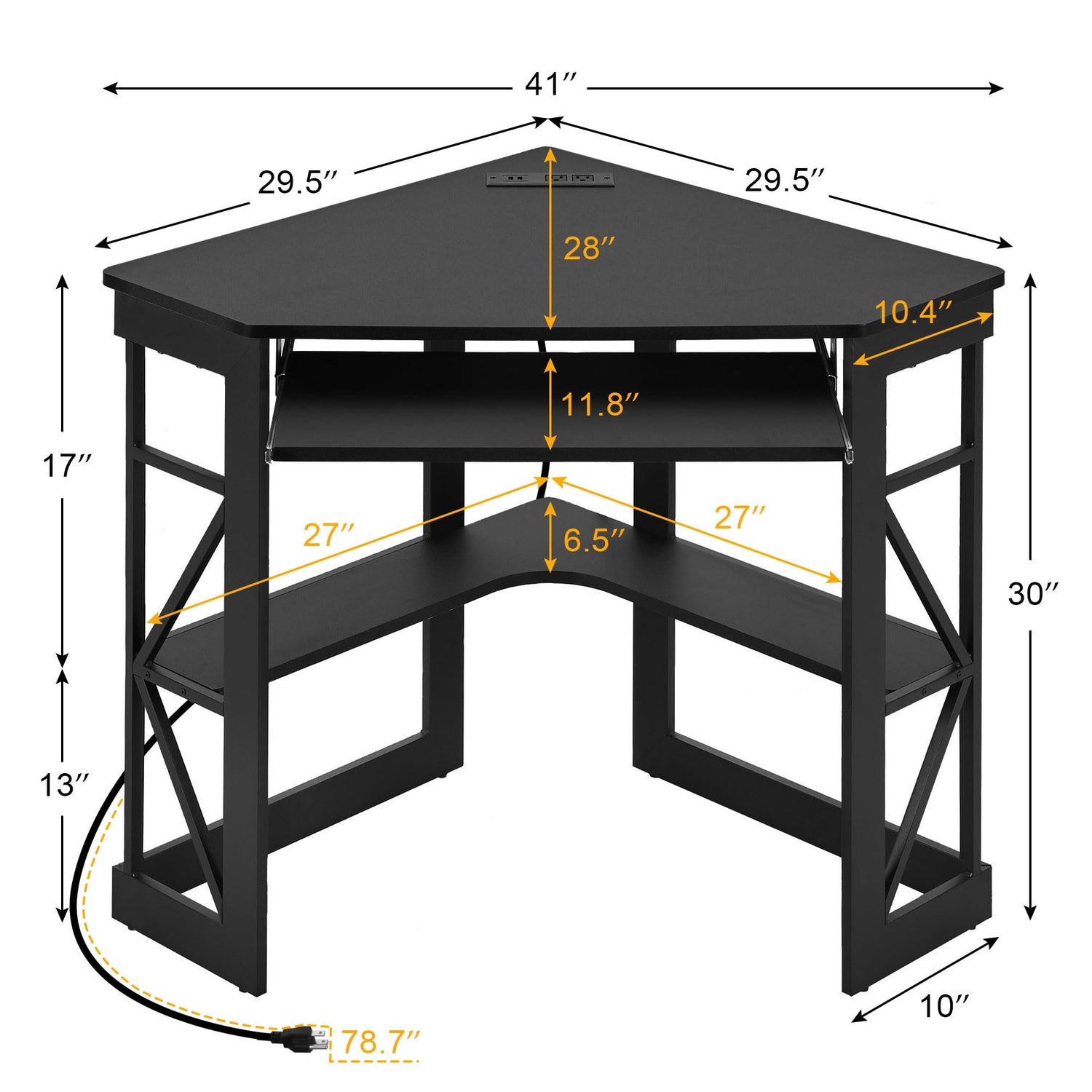 VECELO Corner Computer Desk 41x30 inches with Charging Station &amp; Keyboard &amp; Storage Shelves for Small Space,Triangle Table for Home Office Bedroom,Black