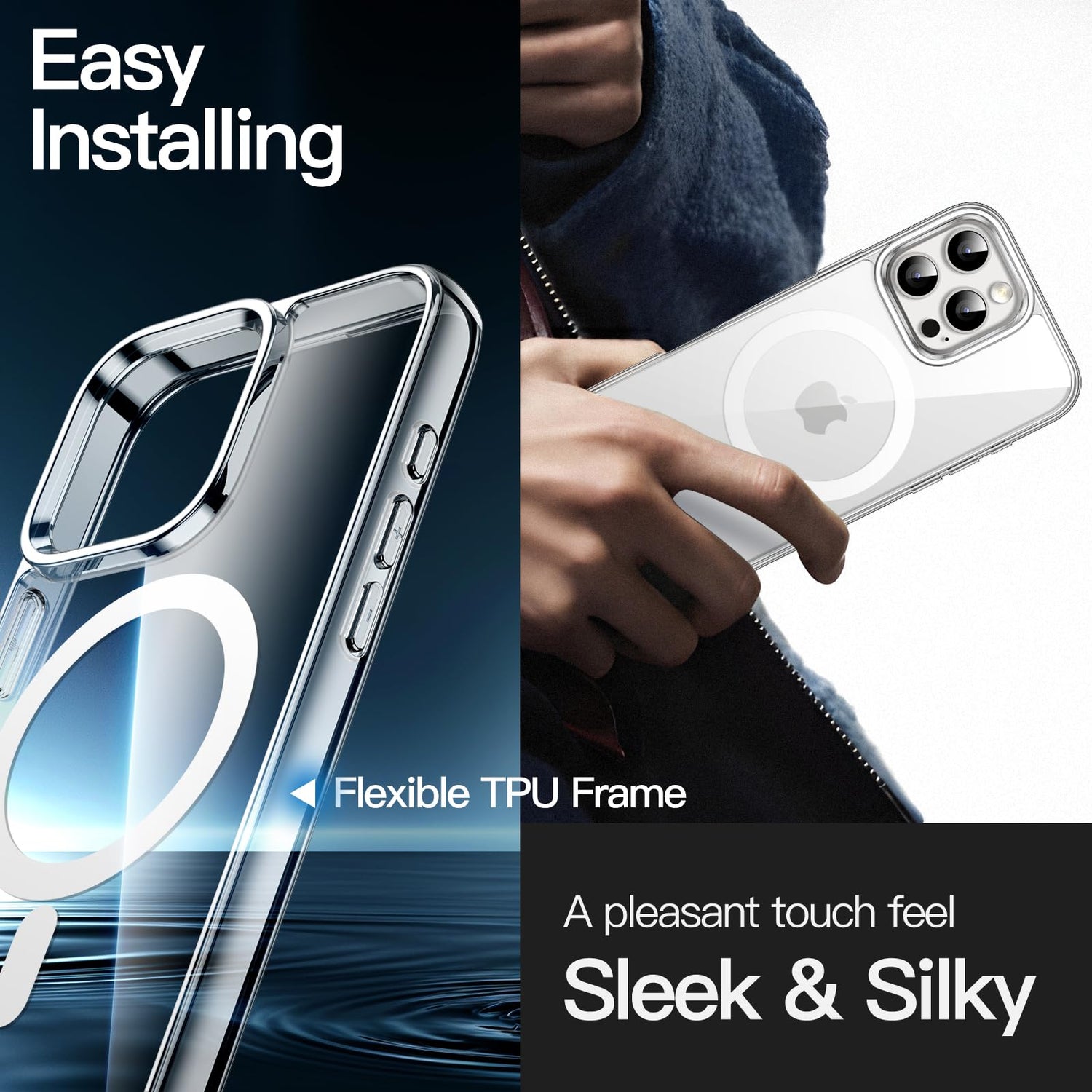 premium aplus module features iPhone with clear case showcasing MagSafe compatibility and sleek design.