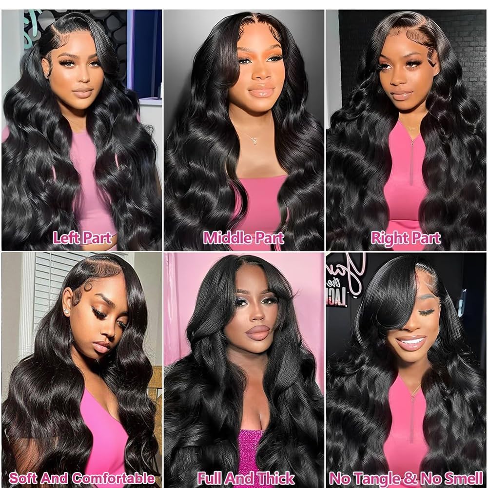 30 Inch Body Wave Lace Front Wigs Human Hair 200 Density 13x6 HD Lace Frontal Wigs Pre Plucked Glueless Brazilian Virgin Human Wig with Baby Hair Body Wave wigs for Women Natural Black
