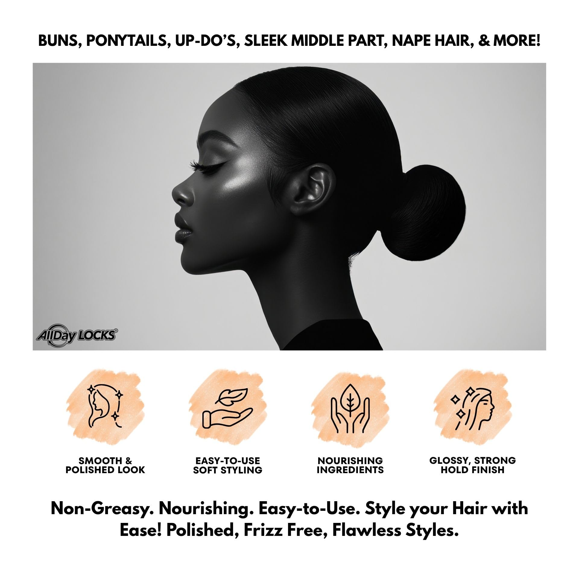 AllDay Locks Edge Gel Extreme Hold - Hair Gel for Maximum Control &amp; Braiding, Natural Edge Lock &amp; Fixer for Women &amp; Men, Sleek Moisturizing Formula, No Frizz, Flakes, or Grease - 10 oz Jar
