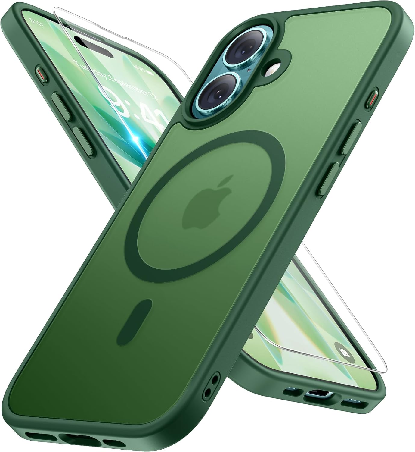 iPhone 16e 17e MagSafe case in green color showing front and back, designed for 6.1" models, emphasizing its protective features.