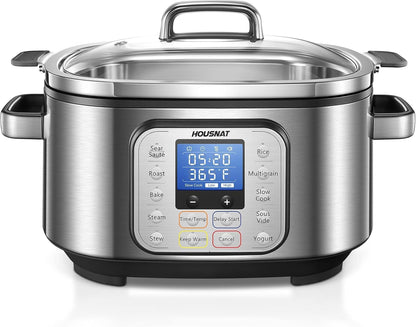 HOUSNAT Slow Cooker, 10 in 1 Programmable Cooker, 304 Stainless Steel Rice Cookers 6QT, Yogurt Maker, Delay Start, Adjustable Temp&amp; Digital Time for Large Families or Entertaining