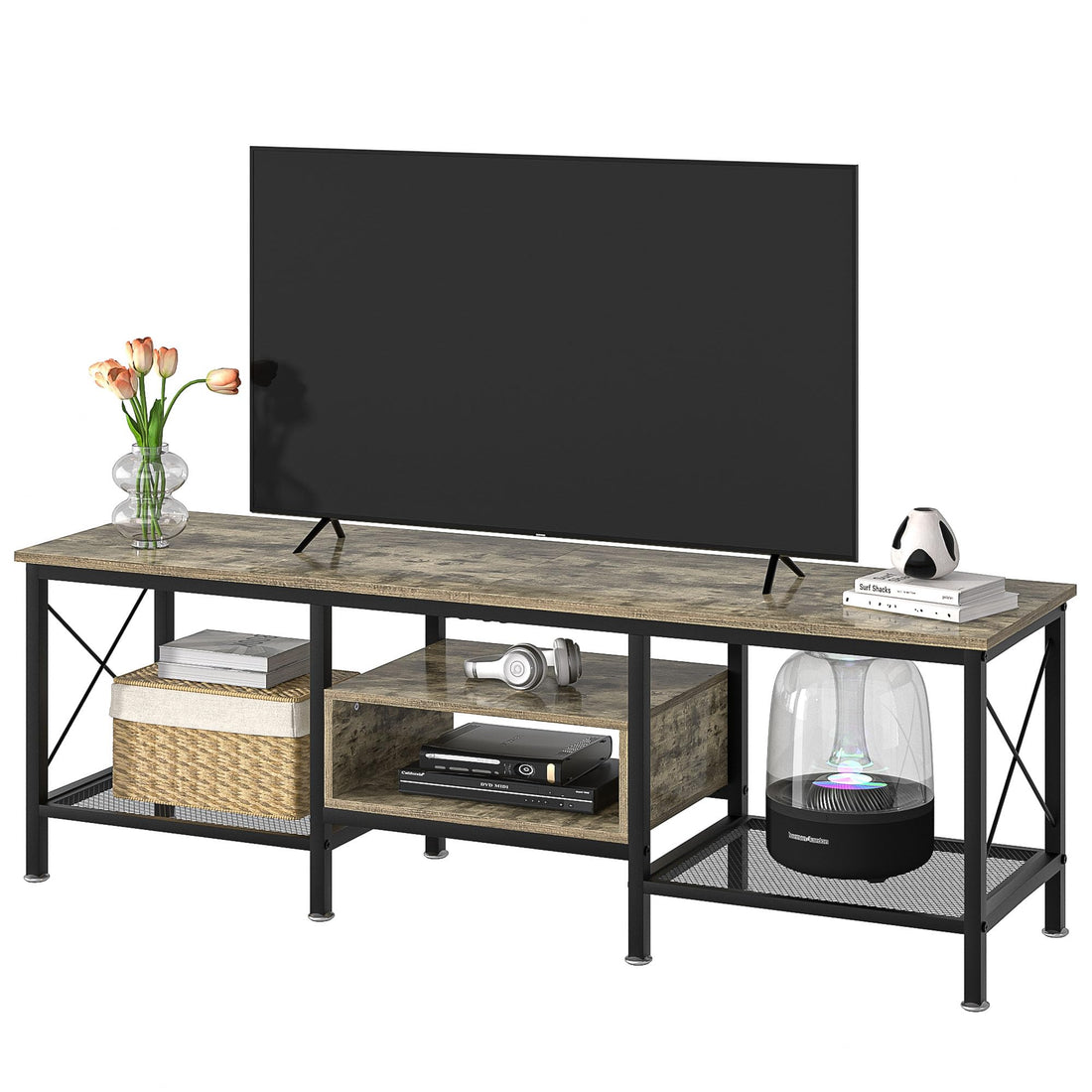 VECELO TV Stand with Power Outlets for 65 Inch Industria Media Entertainment Center with Charging Station, 3-Tier Open Shelves &amp; Metal Frame for Living Room, Bedroom, 55 Inch, Brown
