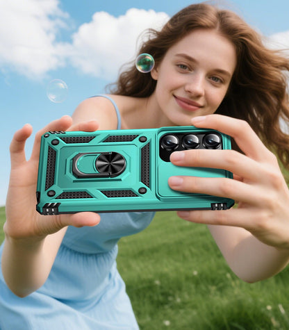 Samsung Galaxy S26 Ultra case with screen protector in turquoise color, held by a smiling woman outdoors.