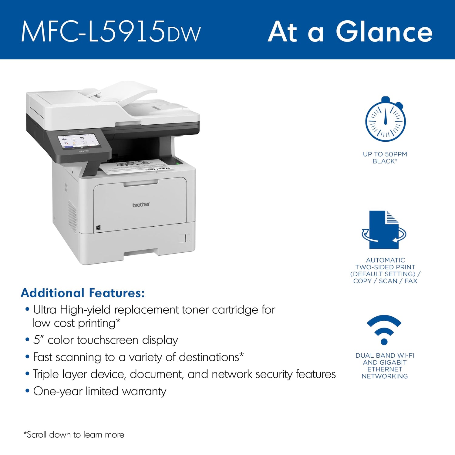 Brother Professional Laser Printer All-in-One with Scanner and Copier, High-Speed 50 ppm Monochrome Printing, Wireless Network Ready, Dual-Band WiFi, Auto 2-Sided Print (MFC-L5915DW)
