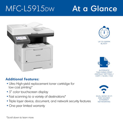 Brother Professional Laser Printer All-in-One with Scanner and Copier, High-Speed 50 ppm Monochrome Printing, Wireless Network Ready, Dual-Band WiFi, Auto 2-Sided Print (MFC-L5915DW)