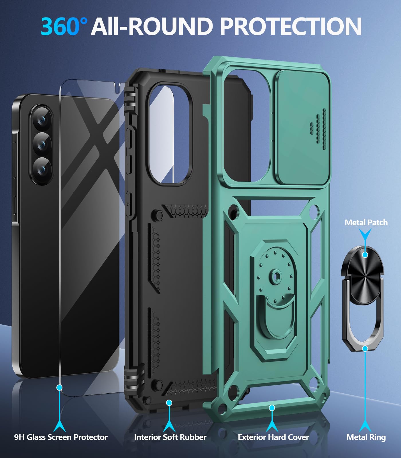 Samsung Galaxy S26 Ultra case with screen protector, showcasing 360° all-round protection features and design elements.