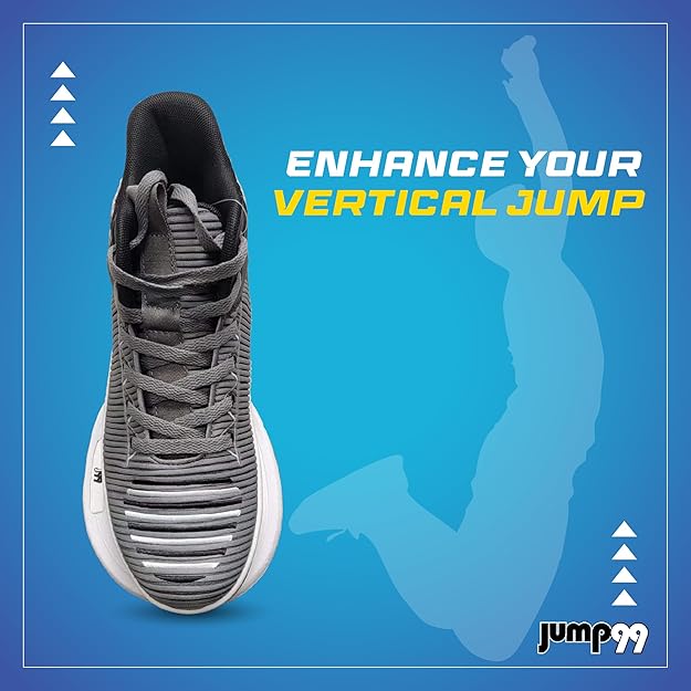 Gray and black J99 Flex Ultra Strength Plyometric Training Shoes on a blue background, promoting vertical jump enhancement.