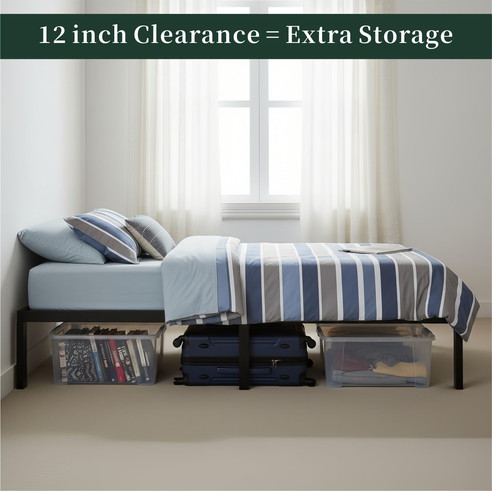Queen Size Bed Frame, 14 Inch Metal Platform Bed Frames with Heavy Duty Steel Slat Support, No Box Spring Needed, Easy Assembly, Under Bed Storage