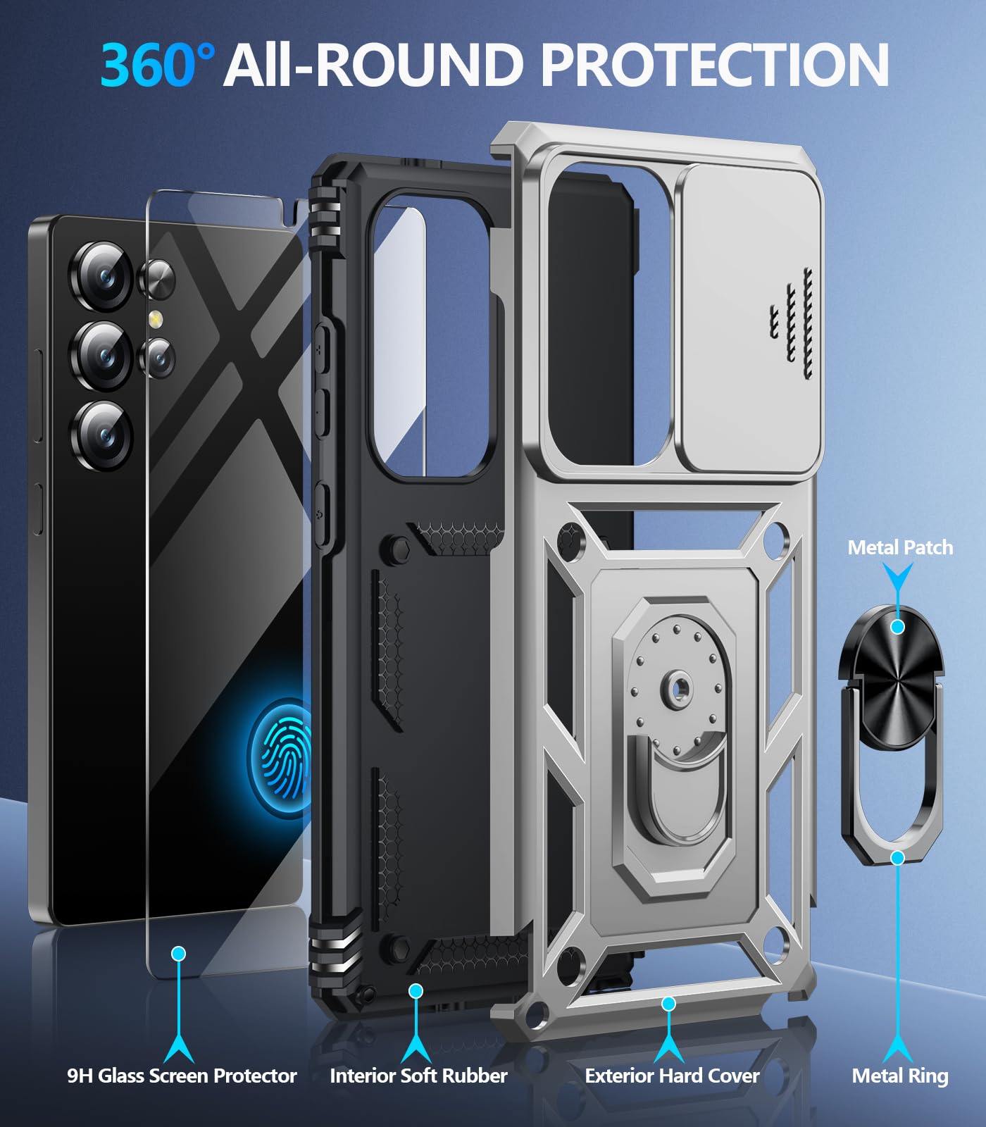 Samsung Galaxy S26 Ultra case with screen protector, showcasing 360° all-round protection features.