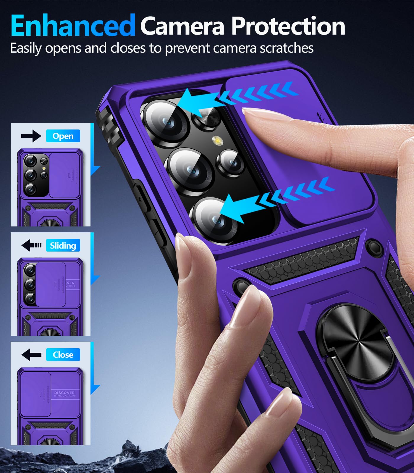 Samsung Galaxy S26 Ultra case with screen protector featuring enhanced camera protection and sliding cover design.