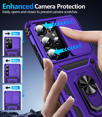 Samsung Galaxy S26 Ultra case with screen protector featuring enhanced camera protection and sliding cover design.