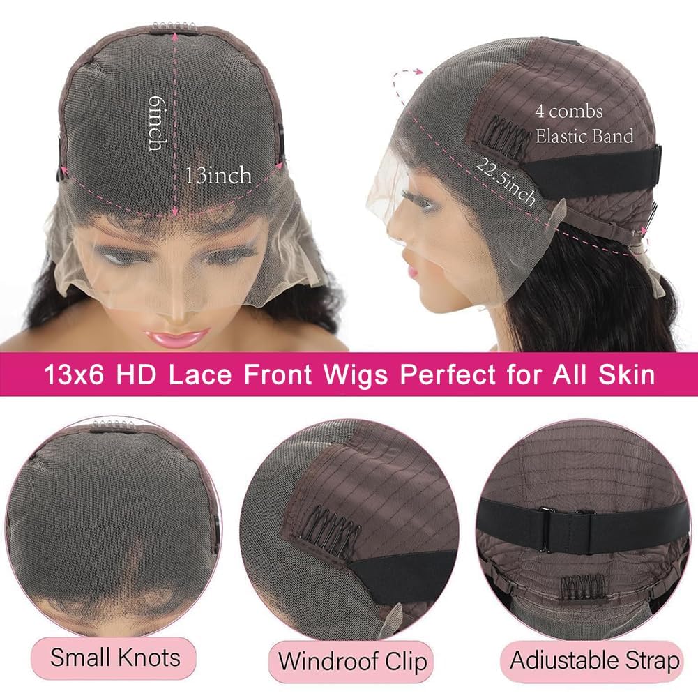 30 Inch Body Wave Lace Front Wigs Human Hair 200 Density 13x6 HD Lace Frontal Wigs Pre Plucked Glueless Brazilian Virgin Human Wig with Baby Hair Body Wave wigs for Women Natural Black