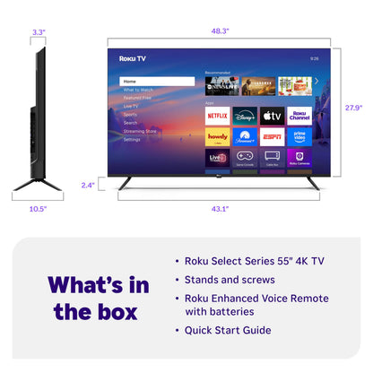Roku Smart TV – 55-Inch Select Series, 4K HDR TV – Roku TV with Enhanced Voice Remote – Flat Screen LED Television with Wi-Fi for Streaming Live Local News, Sports, Family Entertainment