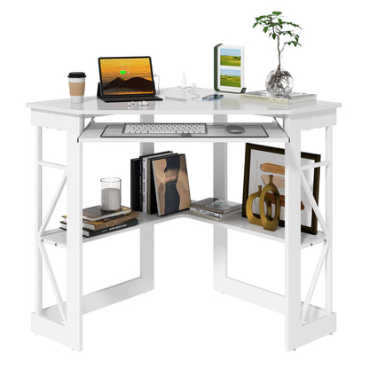 VECELO Corner Computer Desk 41x30 inches with Charging Station &amp; Keyboard &amp; Storage Shelves for Small Space,Triangle Table for Home Office Bedroom,Black