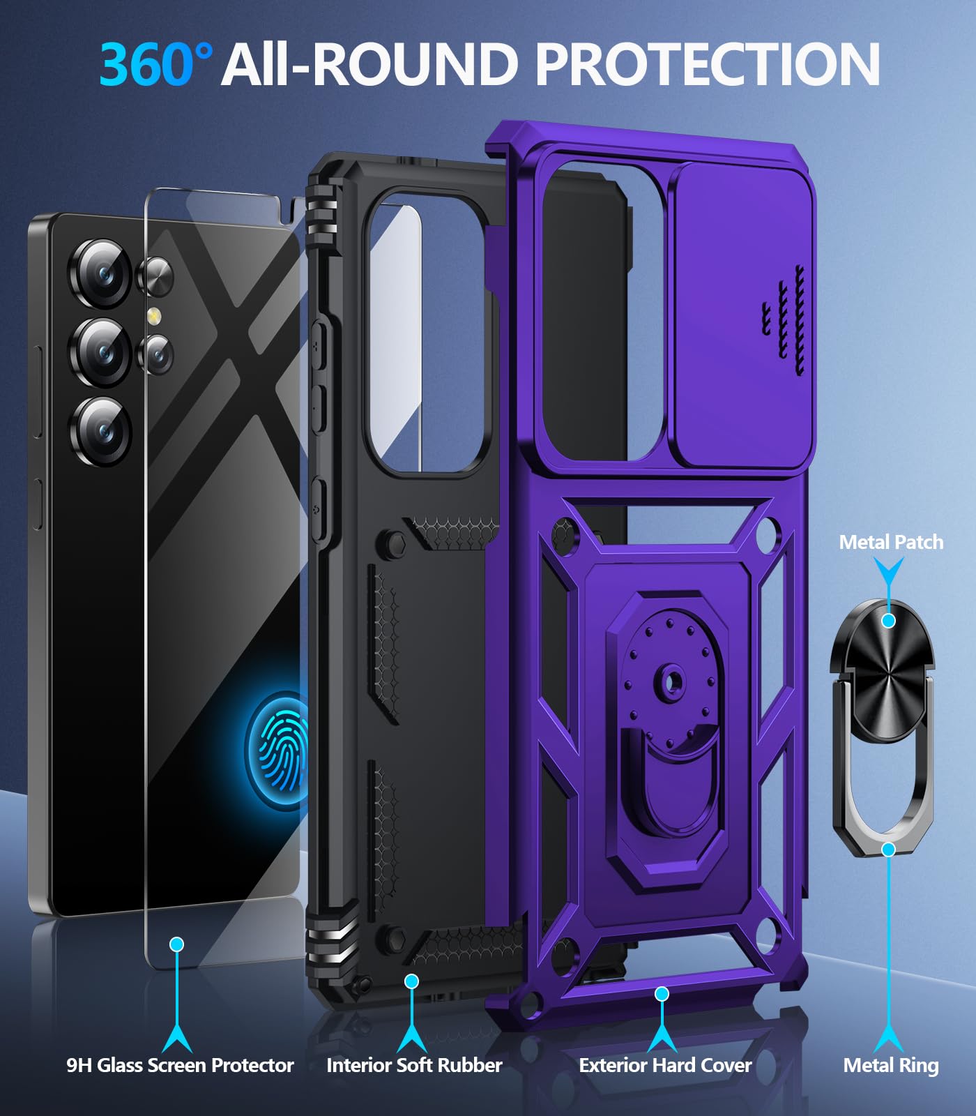Samsung Galaxy S26 Ultra case with screen protector showcasing 360° all-round protection features and design.
