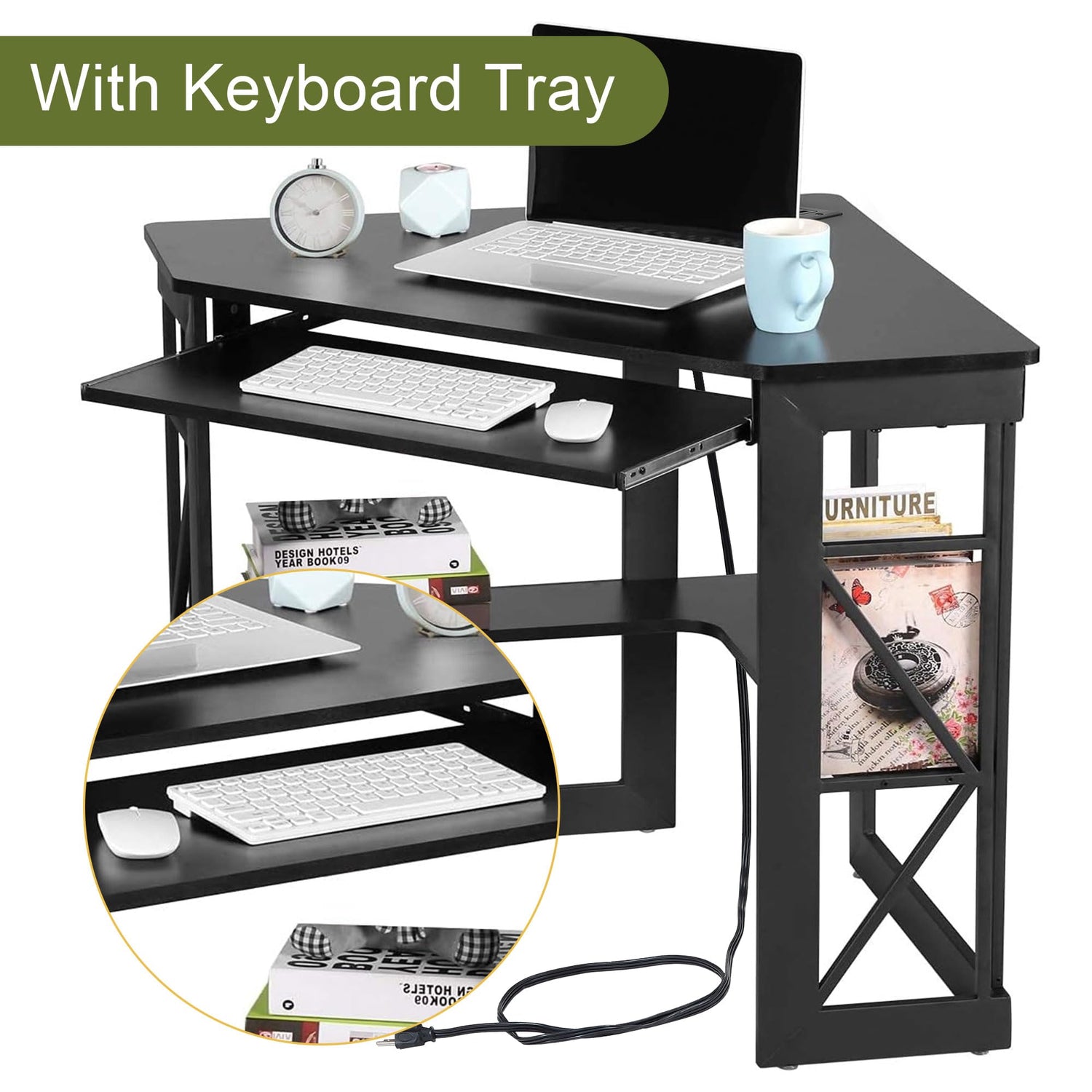 VECELO Corner Computer Desk 41x30 inches with Charging Station &amp; Keyboard &amp; Storage Shelves for Small Space,Triangle Table for Home Office Bedroom,Black
