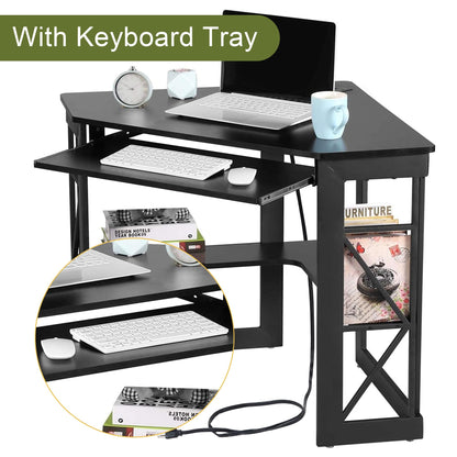 VECELO Corner Computer Desk 41x30 inches with Charging Station &amp; Keyboard &amp; Storage Shelves for Small Space,Triangle Table for Home Office Bedroom,Black