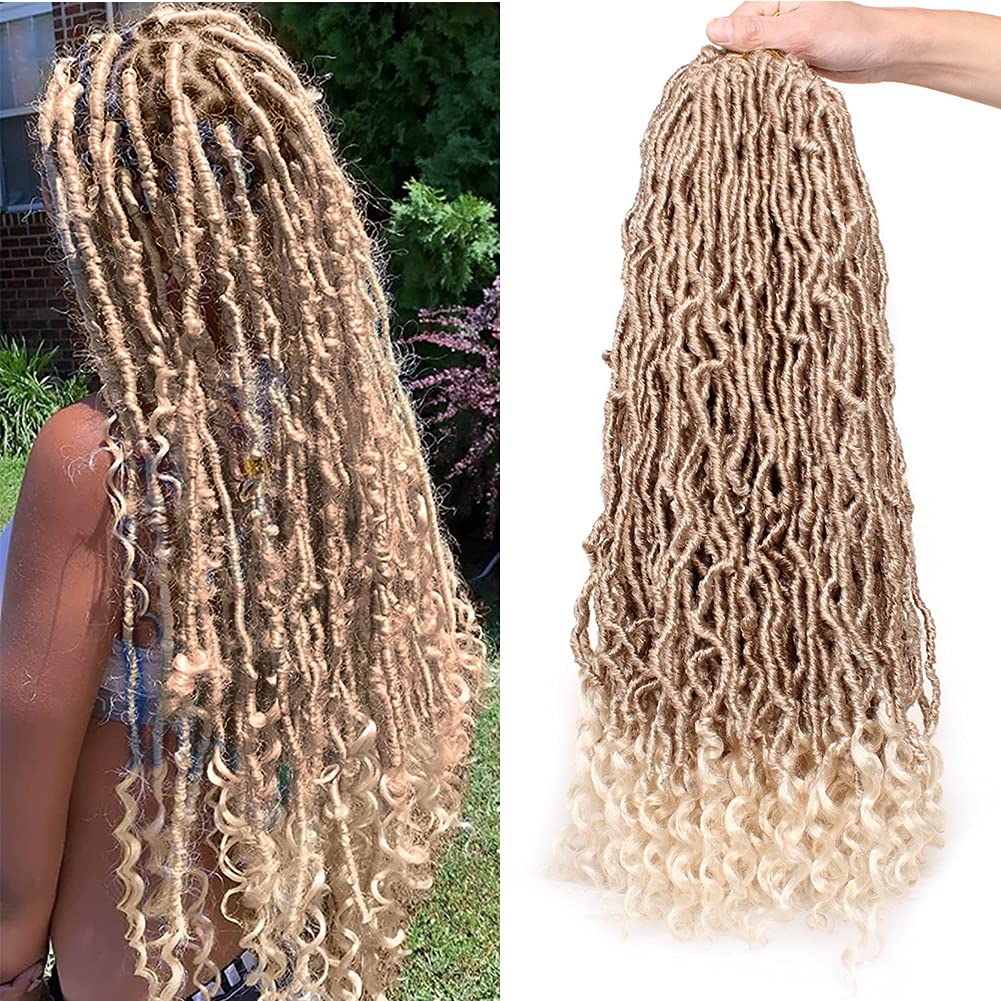 Leeven 7 Packs Faux Locs With Curly Ends 18 Inch Pre-looped Goddess Locs Crochet Hair 84 Strands Natural Black Crochet Bohemian Soft Locs Braiding Hair Extensions With Curls for Women 1B