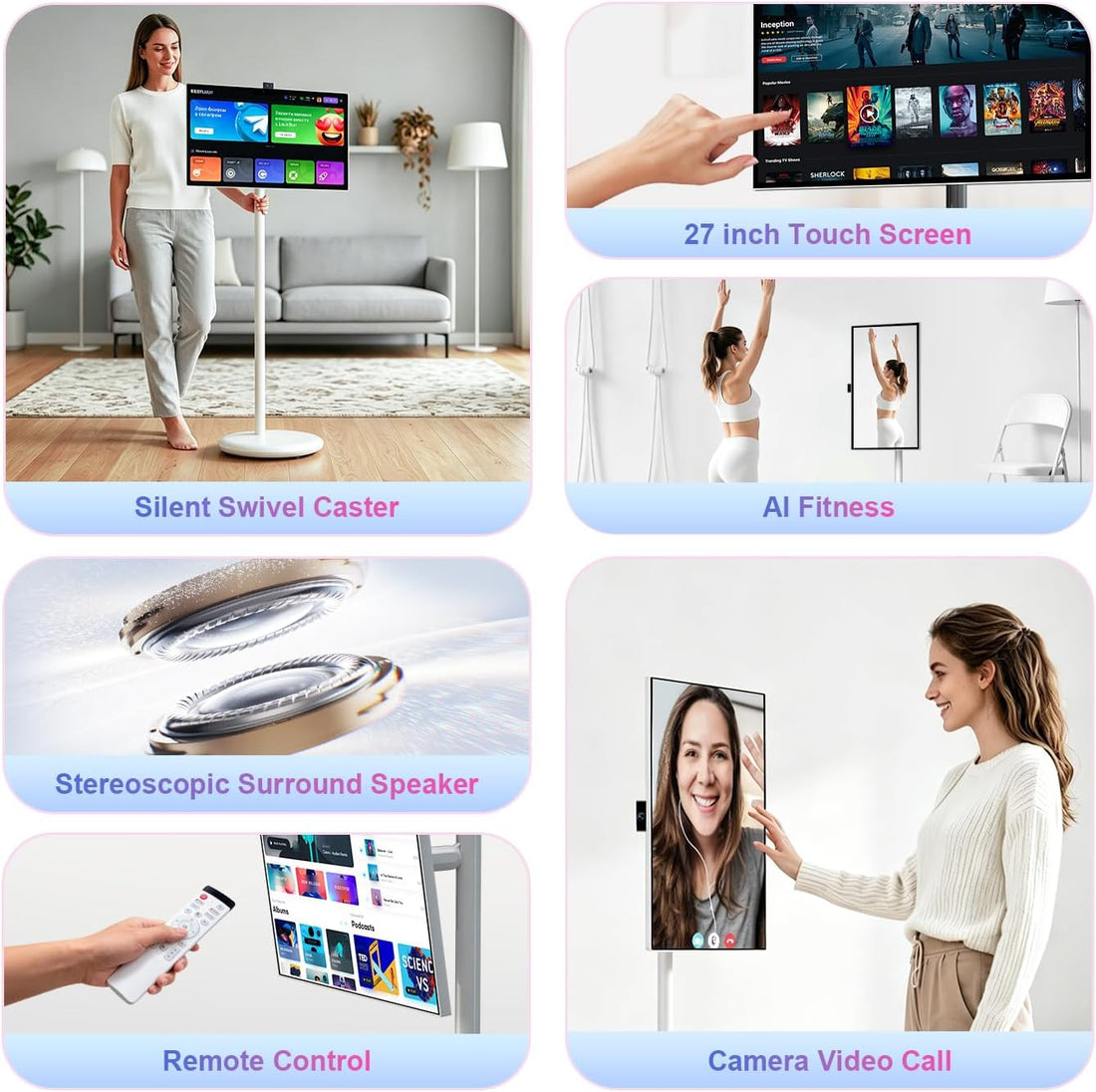 Features of the portable smart TV on wheels: 27-inch touch screen, AI fitness, remote control, stereoscopic speakers.